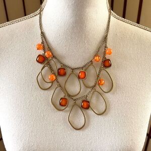 Boho Brass Tone Statement Bib Necklace Orange Cabochon Geometric 12”